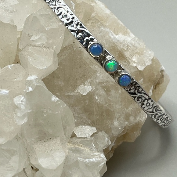 Elegant Sterling Silver Bracelet with Blue Opal Gemstone Accents - Picture 2 of 6